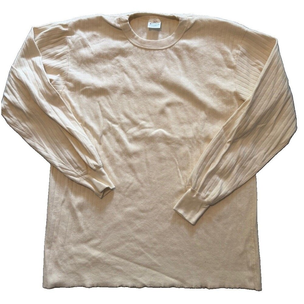 Vintage 90s Champion Ribbed Knit Shirt Mens XL Cream Made in USA Thermal